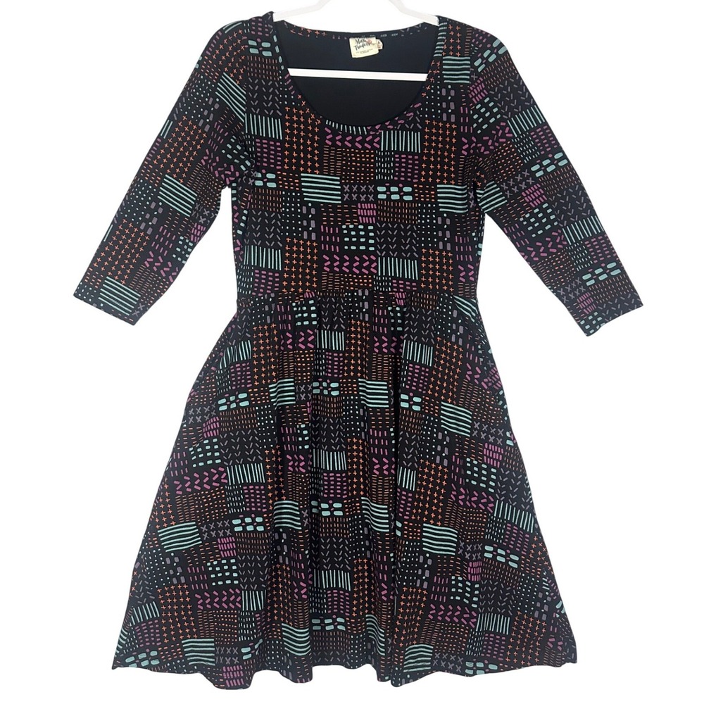 Mata Traders Organic Cotton Fit and‎ Flare Dress Sz M Black Geometric Ethical